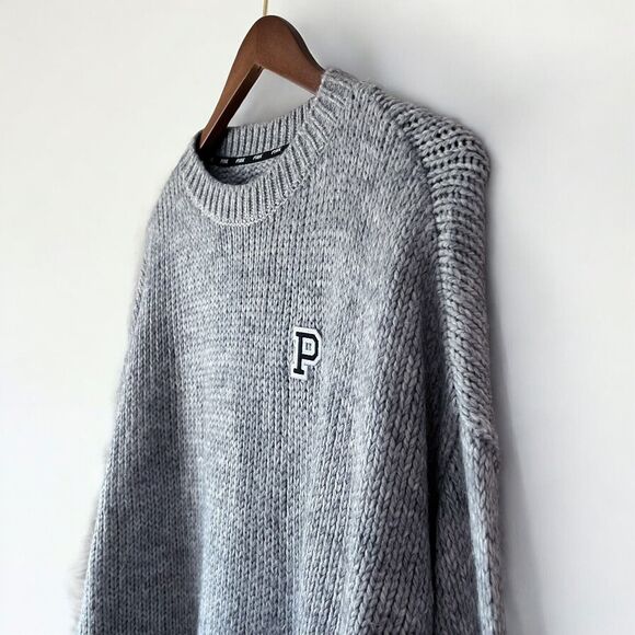 Victorias Secret Pink Boyfriend Sweater Grey Cozy Oversized P Patch Size Medium - Picture 5 of 9